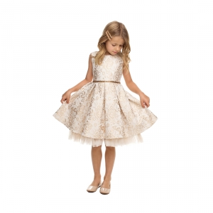 Champagne Metallic Floral Pleated Jacquard Dress