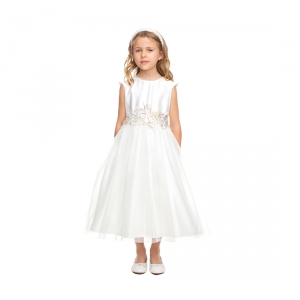 Off White Satin and Tulle Dress with Pearl and Lace Details