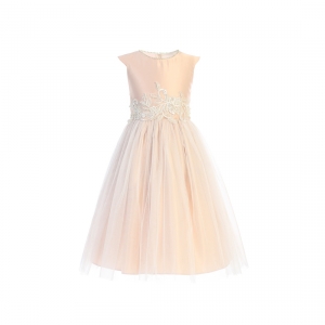 Blush Satin and Tulle Dress with Pearl and Lace Details