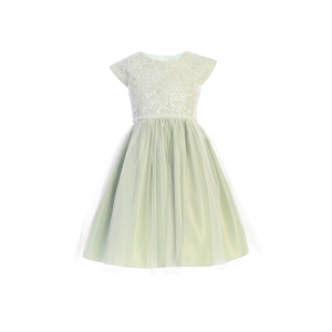 Sage Cap Sleeve Soft Sequin Satin and Tulle Dress