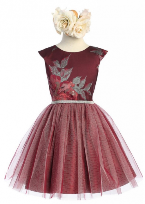 Burgundy Cap Sleeved Metallic Floral Jacquard Tulle Dress