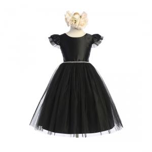 Black Flutter Sleeve Satin and Tulle Dress