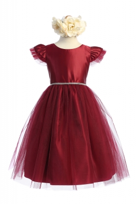 Burgundy Flutter Sleeve Satin and Tulle Dress