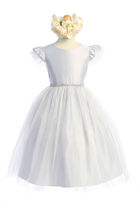 Grey Flutter Sleeve Satin and Tulle Dress