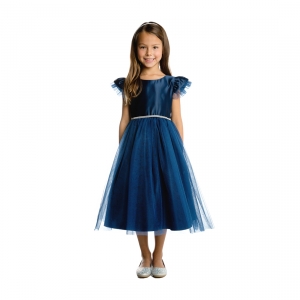 Navy Blue Flutter Sleeve Satin and Tulle Dress