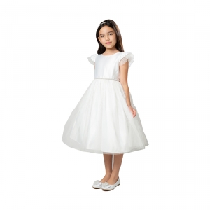 Off White Flutter Sleeve Satin and Tulle Dress