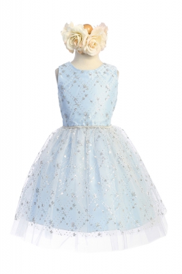 Light Blue Diamond Sequin Dress with Peek a Boo Crystal Tulle