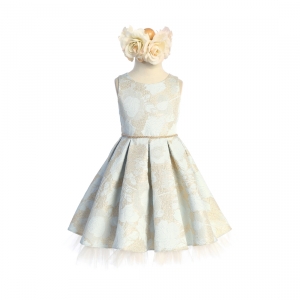 Girls Dress Style 933 - Light Blue Floral Jacquard Dress