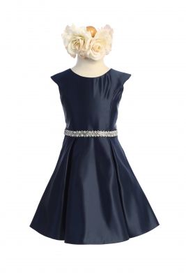 Navy Blue Satin A-Line Dress with Rhinestone Waist Trim