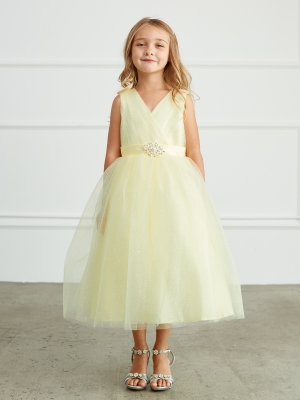 Girls Dress Style 5698 - YELLOW Sparkly Tulle Dress with Matching Rhinestone Sash