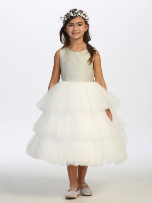 Ivory Gold Metallic Glitter Neckline with Ruffled Tulle Skirt