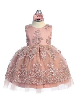 Mauve Metallic Lace Embroidered Dress with Tulle Skirt