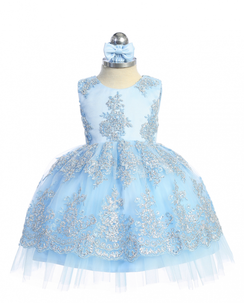 Sky Blue Metallic Lace Embroidered Dress with Tulle Skirt