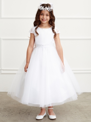 White Short Sleeve Satin Dress with Beaded Details