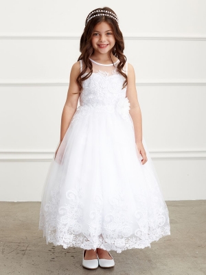 Floral Lace Dress with Illusion Neckline Bodice in Choice of Color