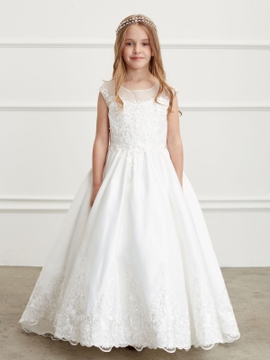 Satin and Lace Dress with Long Train Skirt and Bow Accent