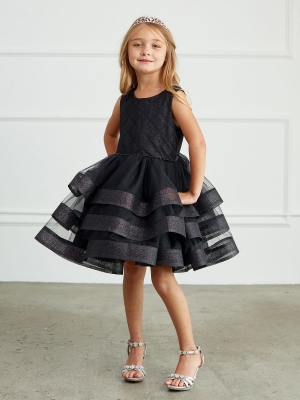 Black Dress with Glitter Horsehair Trim Layered Skirt