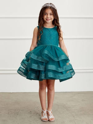 Emerald Dress with Glitter Horsehair Trim Layered Skirt