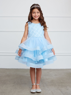 Sky Blue Dress with Glitter Horsehair Trim Layered Skirt