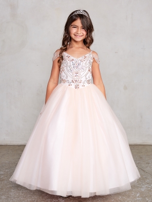 Elegant Off the Shoulder Spaghetti Strap Pageant Dress in Blush