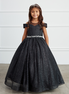 Black Glitter Illusion Neckline Off Shoulder Dress with Rhinestone Waist