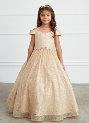 Gold Glitter Illusion Neckline Off Shoulder Dress with Rhinestone Waist