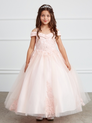 Blush Off Shoulder Ball Gown with Lace Applique Details