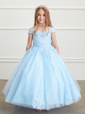 Sky Blue Off Shoulder Ball Gown with Lace Applique Details