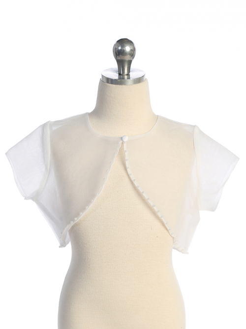 Girls Bolero Style 7906 WHITE Organza Short Sleeve Bolero with Pearl Trimming
