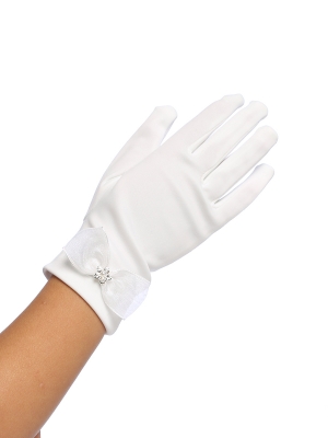 Matte Glove with Organza Bow and Flower Rhinestone