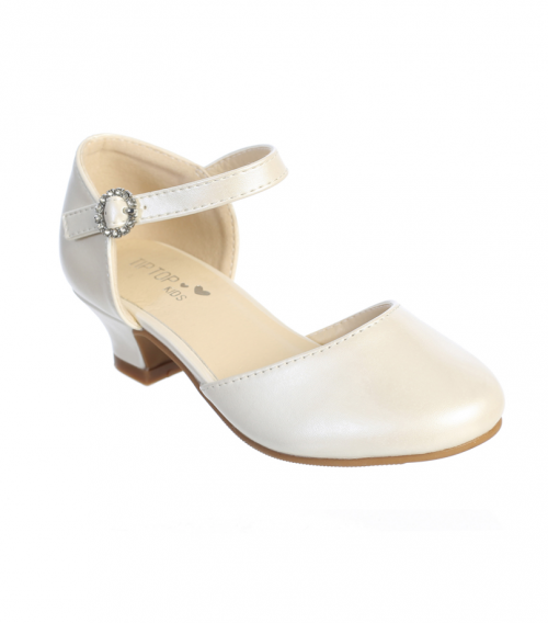 Ivory Matte Heeled Shoe with Gold Rhinestone Buckle