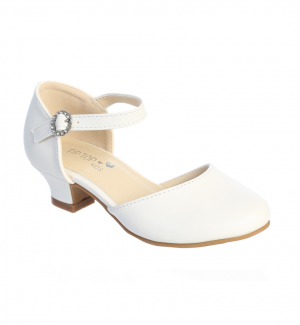 White Matte Heeled Shoe with Rhinestone Buckle