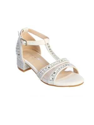White Rhinestone Heel Shoe with T Strap