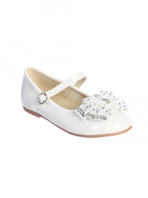 White Patent Flats with Rhinestone Organza Bow - S160