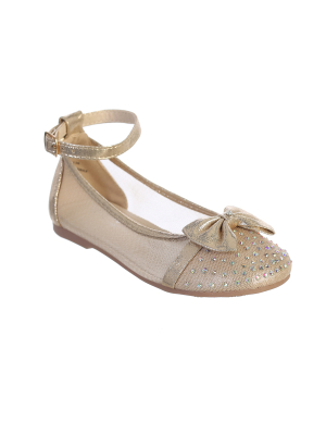 Rose Gold Mesh Rhinestone Studded Flats with a Bow Accent