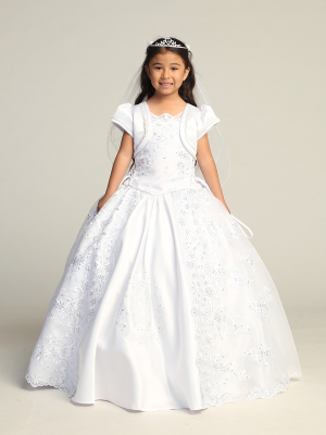 Girl's Dress Style 1210 - Cap Sleeve Maria Embroidered First Communion Dress with Lace Details