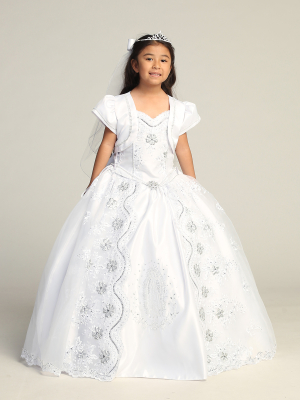 Girl's Dress Style 1211 - Floral Maria Embroidery First Communion Dress with Split Organza Skirt