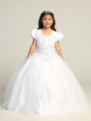 Girl's Dress Style 1212 -  Maria Embroidered First Communion Dress with Tulle Skirt Overlay
