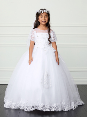 Girl's Dress Style 1217 - Short Sleeve Maria Embroidered First Communion Dress with Tail and Bow