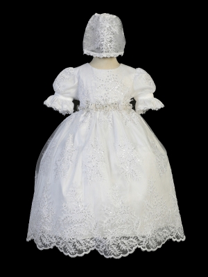 Infant Baptism Dress with Lace Applique Overlay and Matching Ha