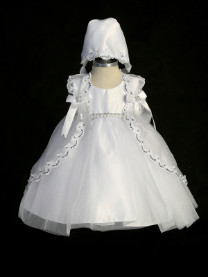 Infant Satin Bodice with Pearl Waist and Scalloped Vest Baptism Dress