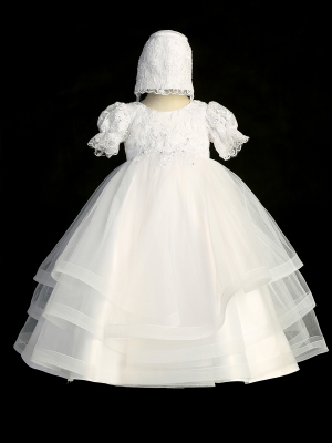 White Puff Sleeve Lace Bodice Dress with a Horsehair Trim Layered Skirt