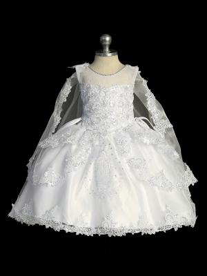 Girls Illusion Neckline Layered Skirt Christening Dress