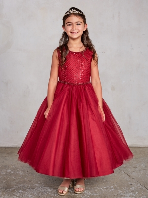 Girls Dress Style 5752 - Sleeveless Embroidered Beaded Gown in Burgundy