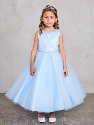 Girls Dress Style 5752 - Sleeveless Embroidered Beaded Gown in Sky Blue