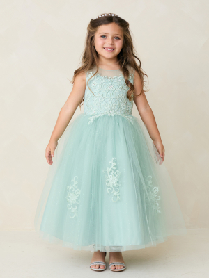 Sage Illusion Neckline Dress with Lace Applique Bodice and Skirt