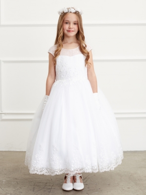 Communion Cap Sleeve Dress with Illusion Sweetheart Neckline