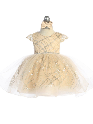 Gold Cap Sleeve Glitter Dress with Rhinestone Waistline