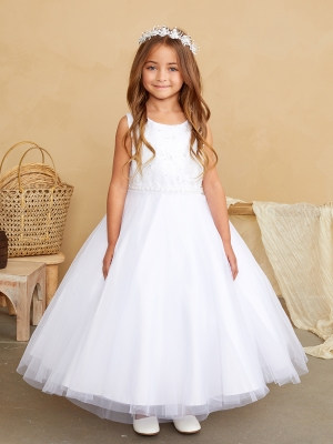 White Pearl and Embroidered Dress with Mesh Overlay Skirt