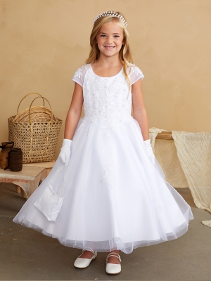 White Cap Sleeved Lace Applique Dress with Mesh Overlay Skirt